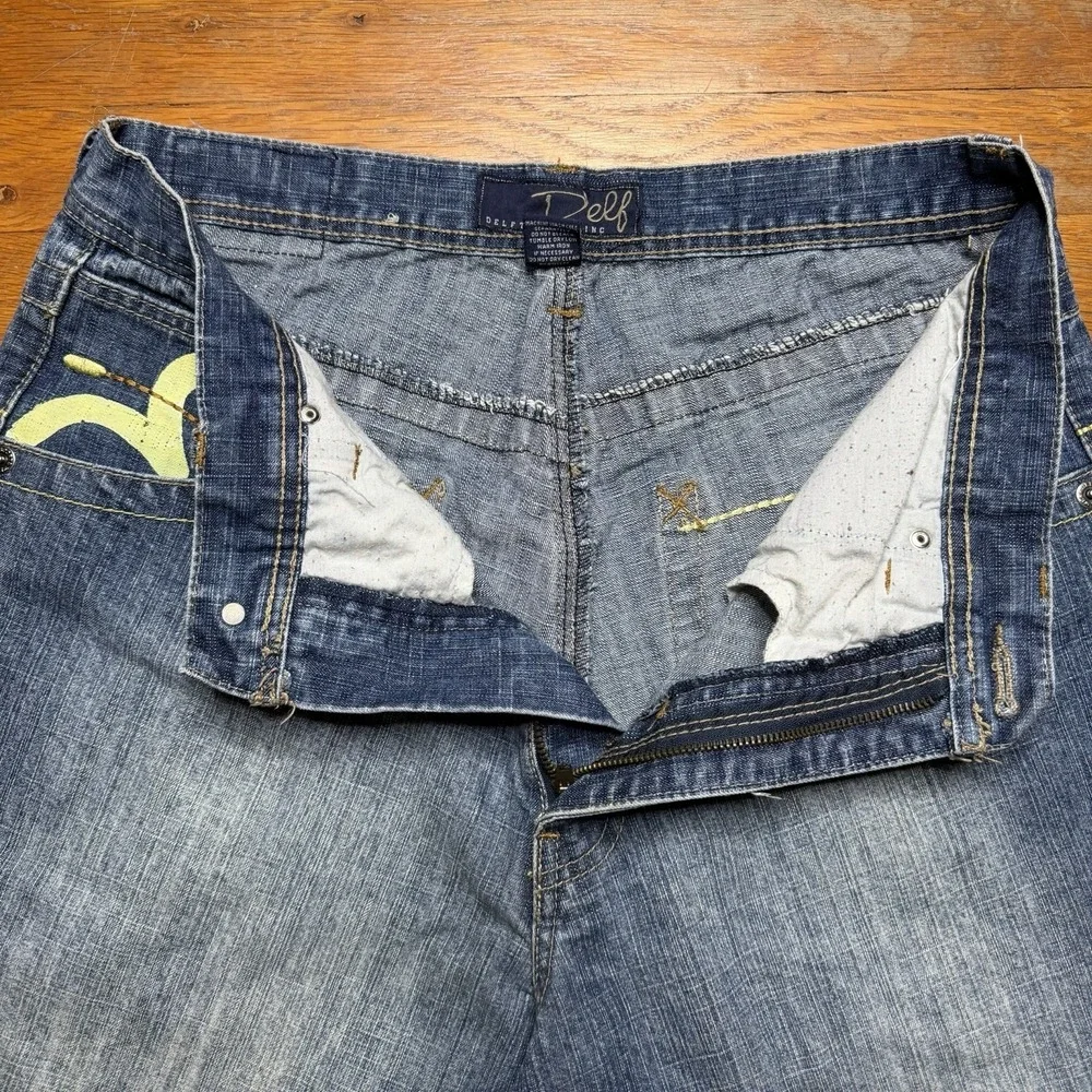 Delf Trading Jeans Men's 34x32 Y2K Wide Leg Grunge Evisu Style Denim Embroidered